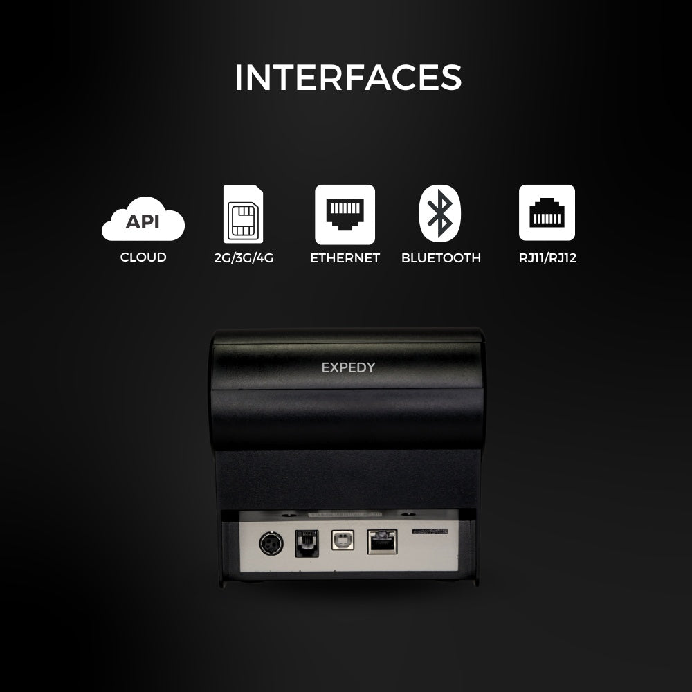 Interfaces de l'imprimante : Ethernet, USB, SIM 4G, tiroir-caisse