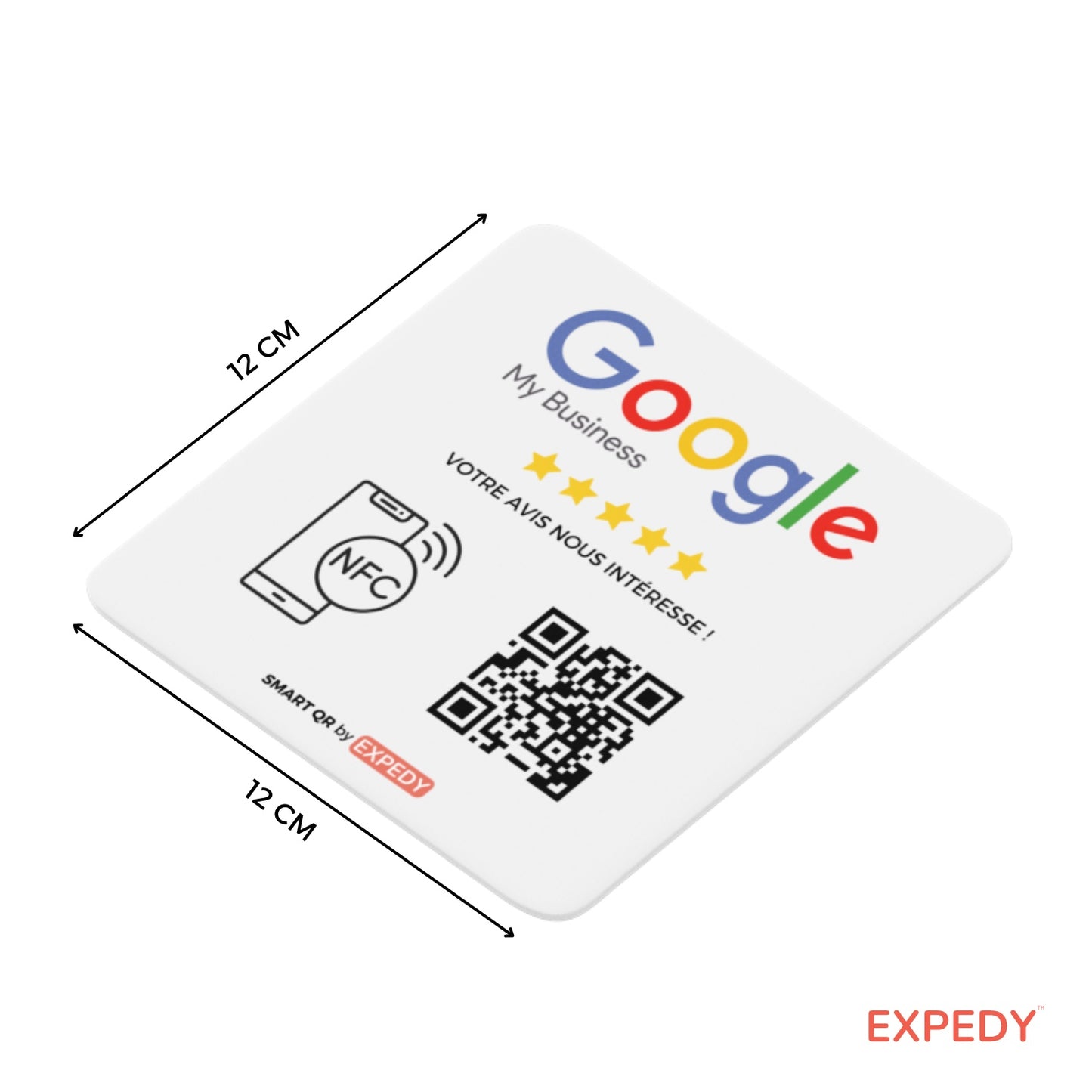 Plaque Google Avis Review – QR Code NFC RFID sans contact – 12x12cm – NPGG12